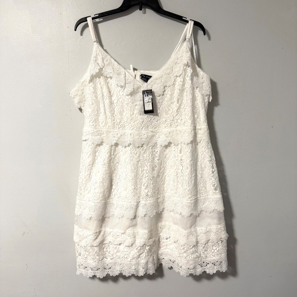 City Chic Ivory Lace Tiered Mini Dress Spaghetti Strap Gold Zipper XL